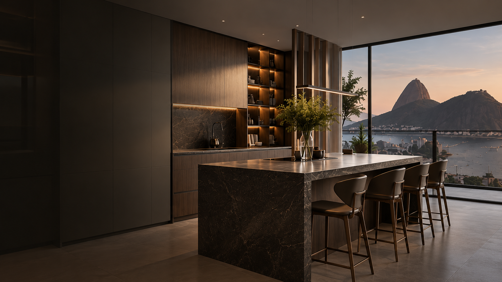 Cozinha planejada com vista para o Rio de Janeiro